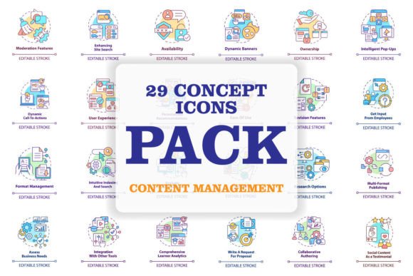 Content Management Concept Icons Set for Modern Graphics